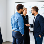 A diverse team of five professional individuals, fully clothed in modern business casual attire, collaboratively brainstorming around a large, interactive digital whiteboard in a brightly lit, contemporary open-plan office. The whiteboard displays simplified diagrams and key user pain points, emphasizing strategic prioritization and a focused approach. The team members are actively engaged, pointing, discussing, and making notes, showcasing intense focus on essential features for a Minimum Viable Product. Natural pose, perfect anatomy, correct proportions, well-formed hands, proper finger count. Professional photography, high quality, safe for work, appropriate content, modest clothing, family-friendly.