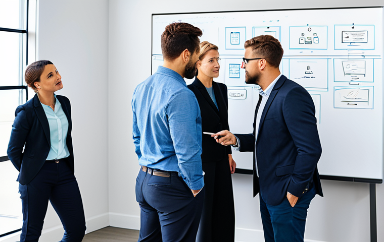 A diverse team of five professional individuals, fully clothed in modern business casual attire, collaboratively brainstorming around a large, interactive digital whiteboard in a brightly lit, contemporary open-plan office. The whiteboard displays simplified diagrams and key user pain points, emphasizing strategic prioritization and a focused approach. The team members are actively engaged, pointing, discussing, and making notes, showcasing intense focus on essential features for a Minimum Viable Product. Natural pose, perfect anatomy, correct proportions, well-formed hands, proper finger count. Professional photography, high quality, safe for work, appropriate content, modest clothing, family-friendly.