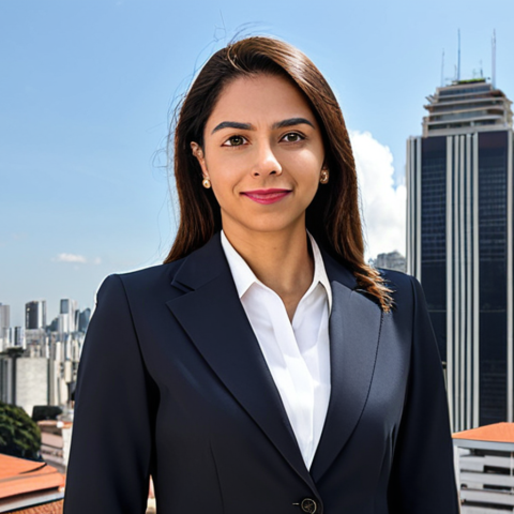 **

A professional Brazilian businesswoman in a modest, tailored business suit, standing confidently in front of the iconic S&atilde;o Paulo skyline during the daytime. The background includes recognizable buildings like the Edif&iacute;cio It&aacute;lia.  Fully clothed, appropriate attire, safe for work, perfect anatomy, natural proportions, professional photography, high quality.

**