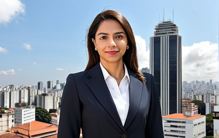 **
A professional Brazilian businesswoman in a modest, tailored business suit, standing confidently in front of the iconic São Paulo skyline during the daytime. The background includes recognizable buildings like the Edifício Itália. Fully clothed, appropriate attire, safe for work, perfect anatomy, natural proportions, professional photography, high quality.
**
