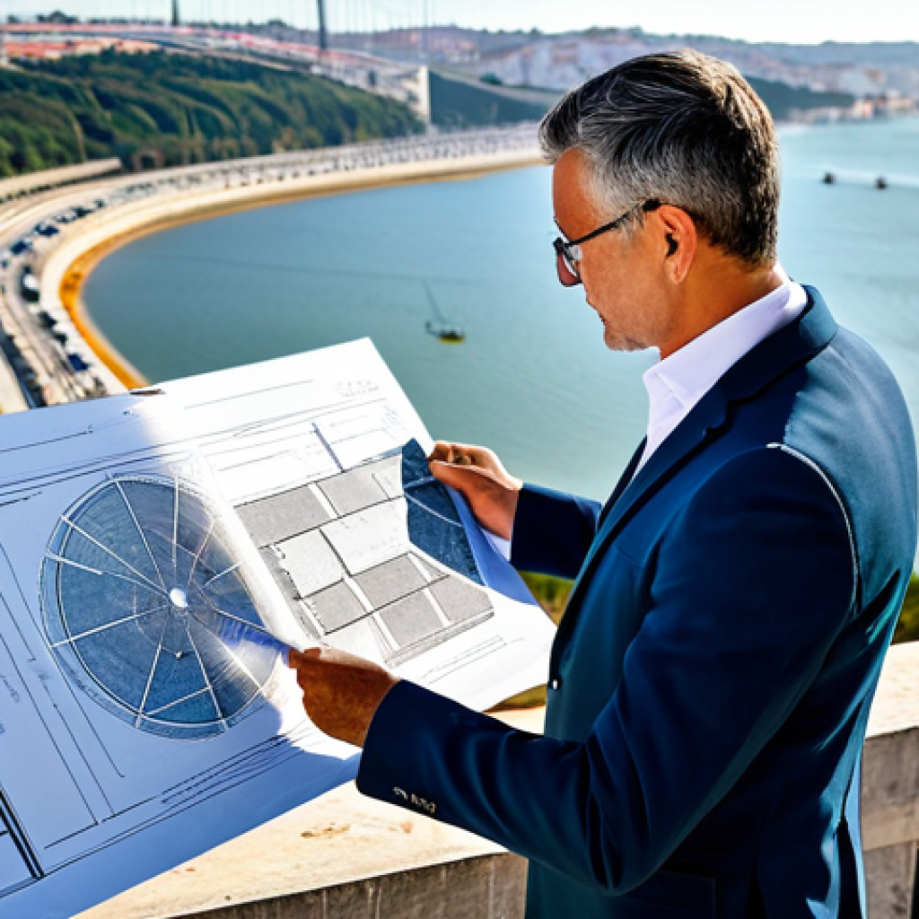 **

"A professional architect, fully clothed in a modest blazer and slacks, reviewing blueprints on a construction site in Lisbon, Portugal.  Appropriate attire, safe for work, perfect anatomy, natural pose, professional photography, overlooking the Tagus River, bright daylight."

**