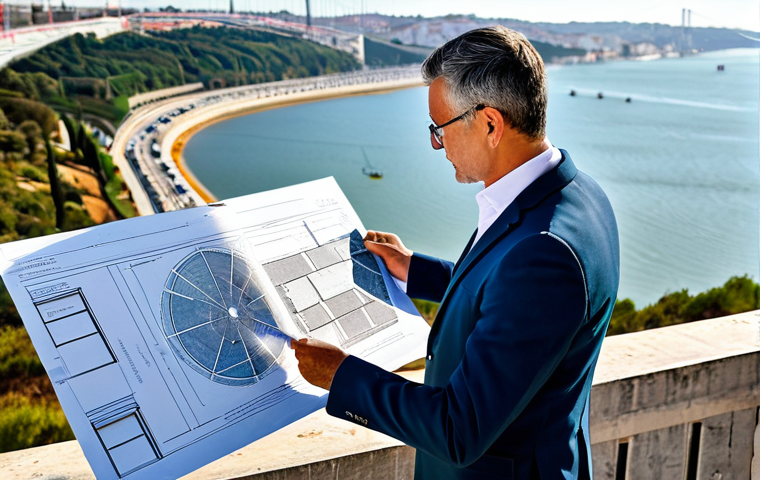 **

"A professional architect, fully clothed in a modest blazer and slacks, reviewing blueprints on a construction site in Lisbon, Portugal.  Appropriate attire, safe for work, perfect anatomy, natural pose, professional photography, overlooking the Tagus River, bright daylight."

**