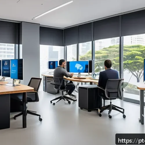 Home 15 MVP 개발 시 성과 분석 도구 활용 - A modern startup office scene with a diverse group of professionals analyzing MVP performance metric...