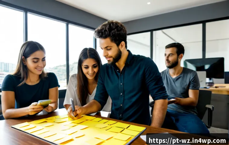 Home 17 MVP와 고객 피드백을 통한 제품 개선 - Photorealistic Brazilian startup team reviewing an early physical product prototype on a clean cowor...