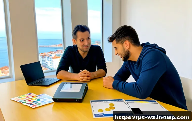 Home 17 MVP 개발 시 리스크 관리 전략 - Photorealistic startup risk management meeting in a bright Lisbon coworking office, diverse Portugue...